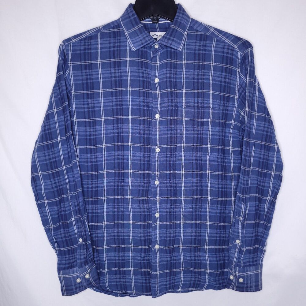 Peter Millar Flannel Shirt Mens Medium Plaid Blue Cotton